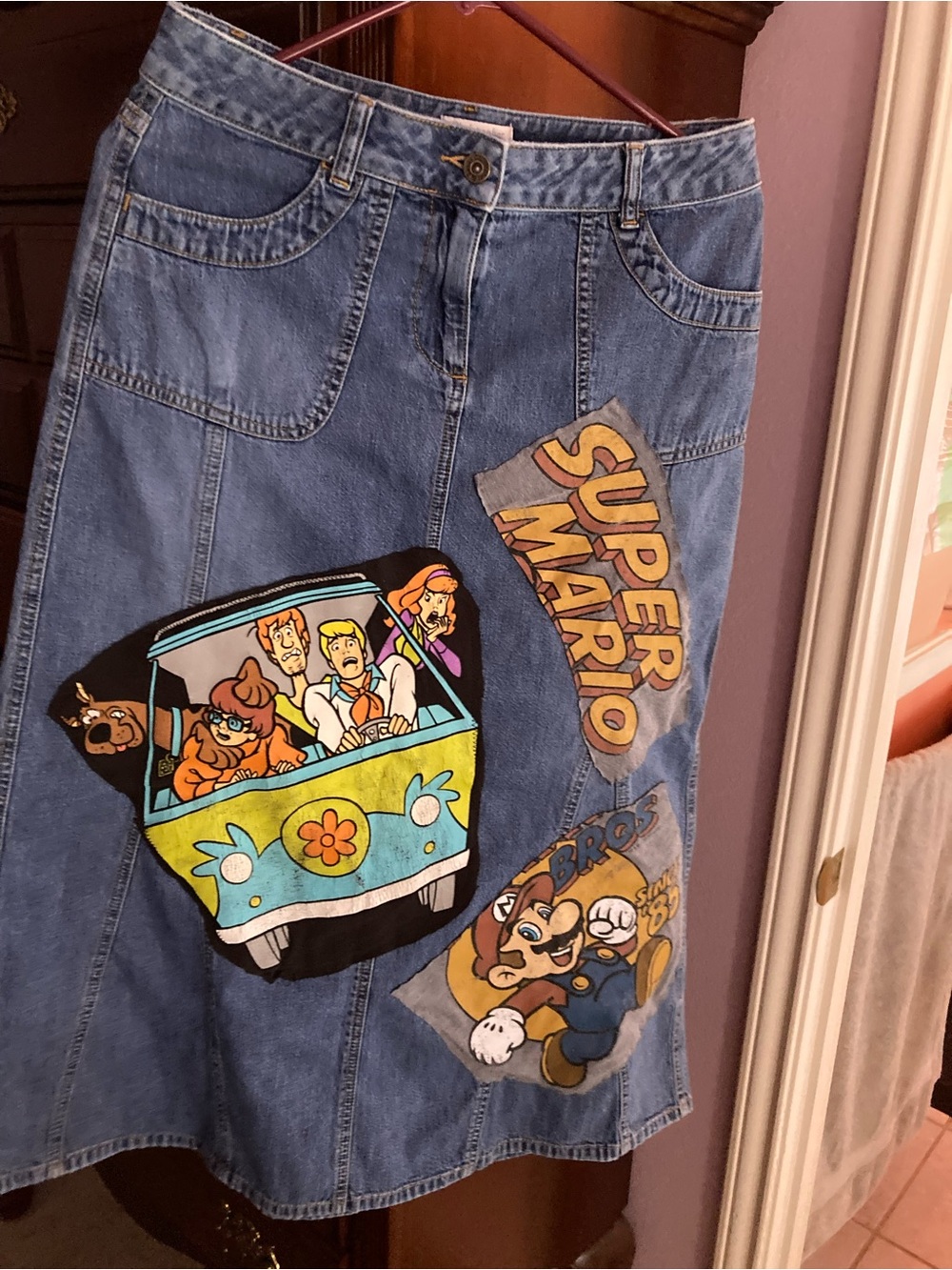 Denim Graphic Men’s Jeans Skirt with Super Mario & Scooby-Doo Patches - Blue
